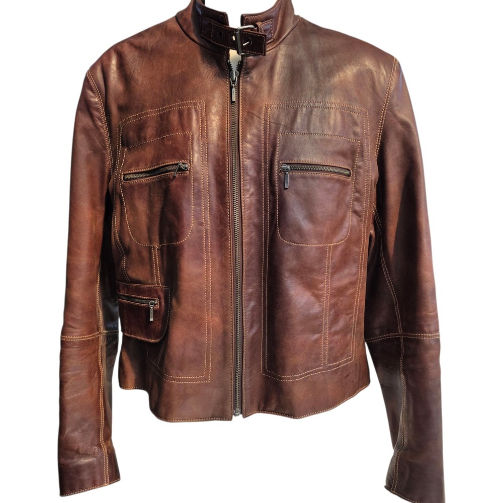 Danier‎ Leather Jacket Women's Brown Full Zip Motorcycle Style Size M, EUC